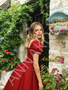 Shop 2026 ANNAKOO Red Satin Puffy Sleeve A Line Pearl Square Prom Dress Under 169
