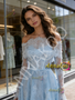Shop 2026 ANNAKOO Off The Shoulder Long Sleeve Blue Lace Wedding Dress Under 239