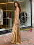 Shop 2026 ANNAKOO Gold Satin Ruched A Line Pleats V Neck Prom Dress Under 229
