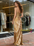 Shop 2026 ANNAKOO Gold Satin Ruched A Line Pleats V Neck Prom Dress Under 229