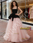 Velvet Straps Tulle A Line Pink A Line Prom Dress