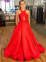 Pockets Open Back Cross-Neck Red Satin Prom Dress