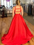 Pockets Open Back Cross-Neck Red Satin Prom Dress