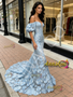 Blue Puffy Sleeve Mesh Trumpet Mermaid Lace Prom Dress