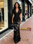 Cap Sleeve V Neck Tulle Beading Flower Black Prom Dress