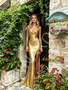 Shop 2026 ANNAKOO Spaghetti Straps Gold Trumpet Mermaid Satin Prom Dress With Slit Under 139