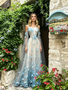 Shop 2026 ANNAKOO Butterfly Blue Tulle V Neck Pearl A Line Prom Dress With Shawl Under 239