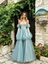 Shop 2026 ANNAKOO Puffy Sleeves Blue Tulle Layer A Line Beading Prom Dress Under 229