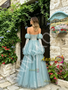 Shop 2026 ANNAKOO Puffy Sleeves Blue Tulle Layer A Line Beading Prom Dress Under 229