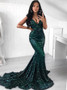 Mermaid Long V-Neck Green Sequined Prom Dress