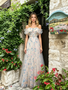 Shop 2026 ANNAKOO Blue Flower Print A Line Tulle Off The Shoulder Prom Dress Under 178