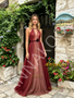 Halter Burgundy A Line Tulle Backless Prom Dress