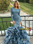 Shop 2026 ANNAKOO Blue Scoop Long Sleeve Tulle Spandex Ruffles Prom Dress Under 259