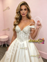 Beige Off The Shouler Beading A Line Satin Prom Dress