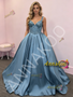 Shop 2026 ANNAKOO Straps Beading Blue Satin A Line Prom Dress Under 189