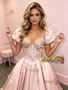 Shop 2026 ANNAKOO Pink Puffy Sleeve A Line Satin Beading Sweetheart Prom Dress Under 229
