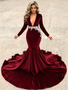 Burgundy Sweetheart Appliques Velvet Trumpet Mermaid Long Sleeve Prom Dress