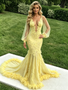 Shop 2026 ANNAKOO Yellow V Neck Feather Long Sleeve Trumpet Mermaid Prom Dress Under 489