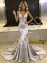 Shop 2025 ANNAKOO Gray V Neck Trumpet Mermaid Satin Appliques Prom Dress Under 259