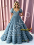 Shop 2026 ANNAKOO Puffy Sleeves A Line Flower Layers Blue Tulle Prom Dress Under 279