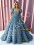 Shop 2026 ANNAKOO Puffy Sleeves A Line Flower Layers Blue Tulle Prom Dress Under 279