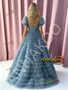 Shop 2026 ANNAKOO Puffy Sleeves A Line Flower Layers Blue Tulle Prom Dress Under 279