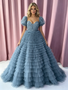 Shop 2026 ANNAKOO Puffy Sleeves A Line Flower Layers Blue Tulle Prom Dress Under 279