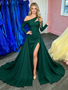Shop 2026 ANNAKOO Deep Green Off The Shoulder Satin Prom Dress With Slit Under 249