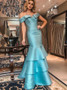 Tiered Blue Satin Mermaid Off-the-Shoulder Prom Dress
