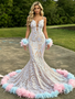 Shop 2026 ANNAKOO Sequin Spaghetti Straps White Feather Trumpet Mermaid Prom Dress Under 339