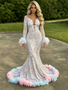 Shop 2026 Annakoo V Neck Long Sleeve Sequin Feather Trumpet Mermaid Prom Dress Under 349