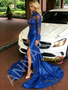 Shop 2026 ANNAKOO Royal Blue High Neck Sheer Lace Sequin Long Sleeve Prom Dress Under 249