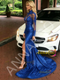 Shop 2026 ANNAKOO Royal Blue High Neck Sheer Lace Sequin Long Sleeve Prom Dress Under 249