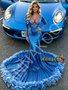 Shop 2026 ANNAKOO Royal Blue V Neck Long Sleeve Sequin Feather Mermaid Prom Dress Under 389