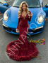 Shop 2026 ANNAKOO Burgundy Velvet  V Neck Trumpet Mermaid Long Sleeve Appliques Feather Prom Dress Under 378