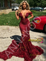 Shop 2026 ANNAKOO Feather Off The Shoulder Mermaid Burgundy Spandex Prom Dress Under 379