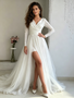 Shop 2026 ANNAKOO V Neck Tulle Long Sleeve Ruched A Line Wedding Dress With Slit Under 179
