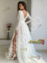 V Neck Tulle Long Sleeve Ruched A Line Wedding Dress With Slit