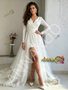 Shop 2026 ANNAKOO V Neck Tulle Long Sleeve Ruched A Line Wedding Dress With Slit Under 179