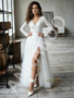 Long Sleeve V Neck Lace Tulle A Line Wedding Dress