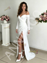 Shop 2026 ANNAKOO Off The Shoulder Long Sleeves Satin Sheath Column Wedding Dress With Slit Under 189