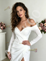 Shop 2026 ANNAKOO Off The Shoulder Long Sleeves Satin Sheath Column Wedding Dress With Slit Under 189