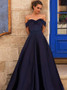 Beading A-Line Off-the-Shoulder Pleated Navy Blue Satin Prom Dress