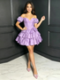 Lilac Sweetheart Short Sleeve Layered Mini Satin Homecoming Dress