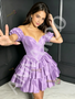 Lilac Sweetheart Short Sleeve Layered Mini Satin Homecoming Dress