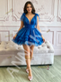 Royal Blue Tie V Neck Layered Tulle Short Homecoming Dress
