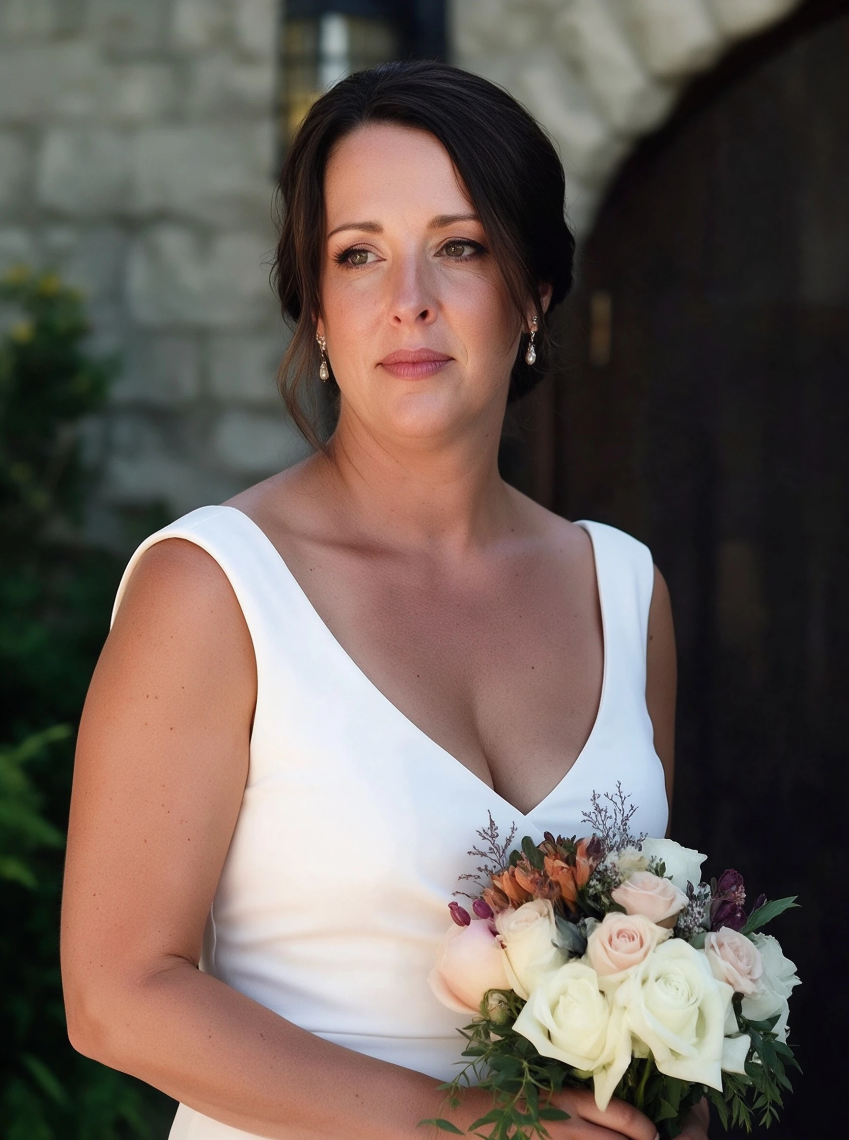 Close bridal portrait showing the V neck and ruched crepe wedding gown
