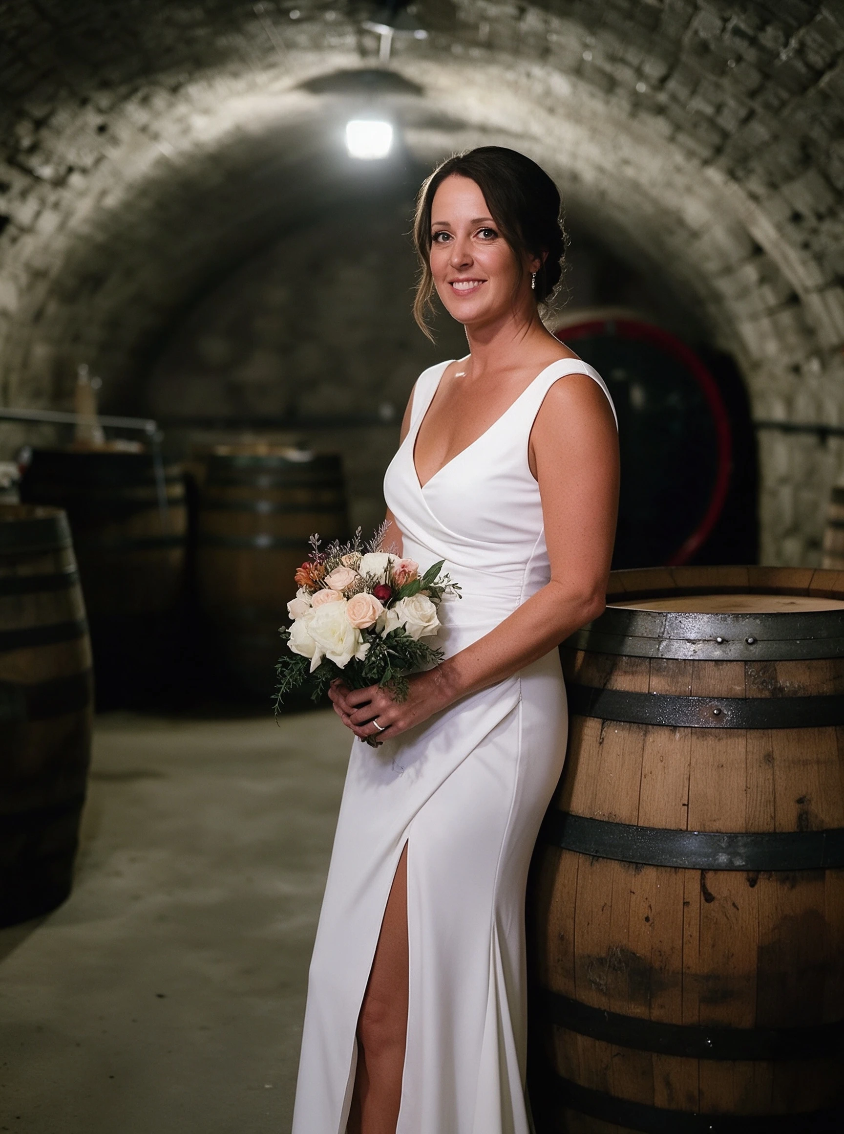 Bride posing beside a wine cellar barrel in a white crepe gown with slit