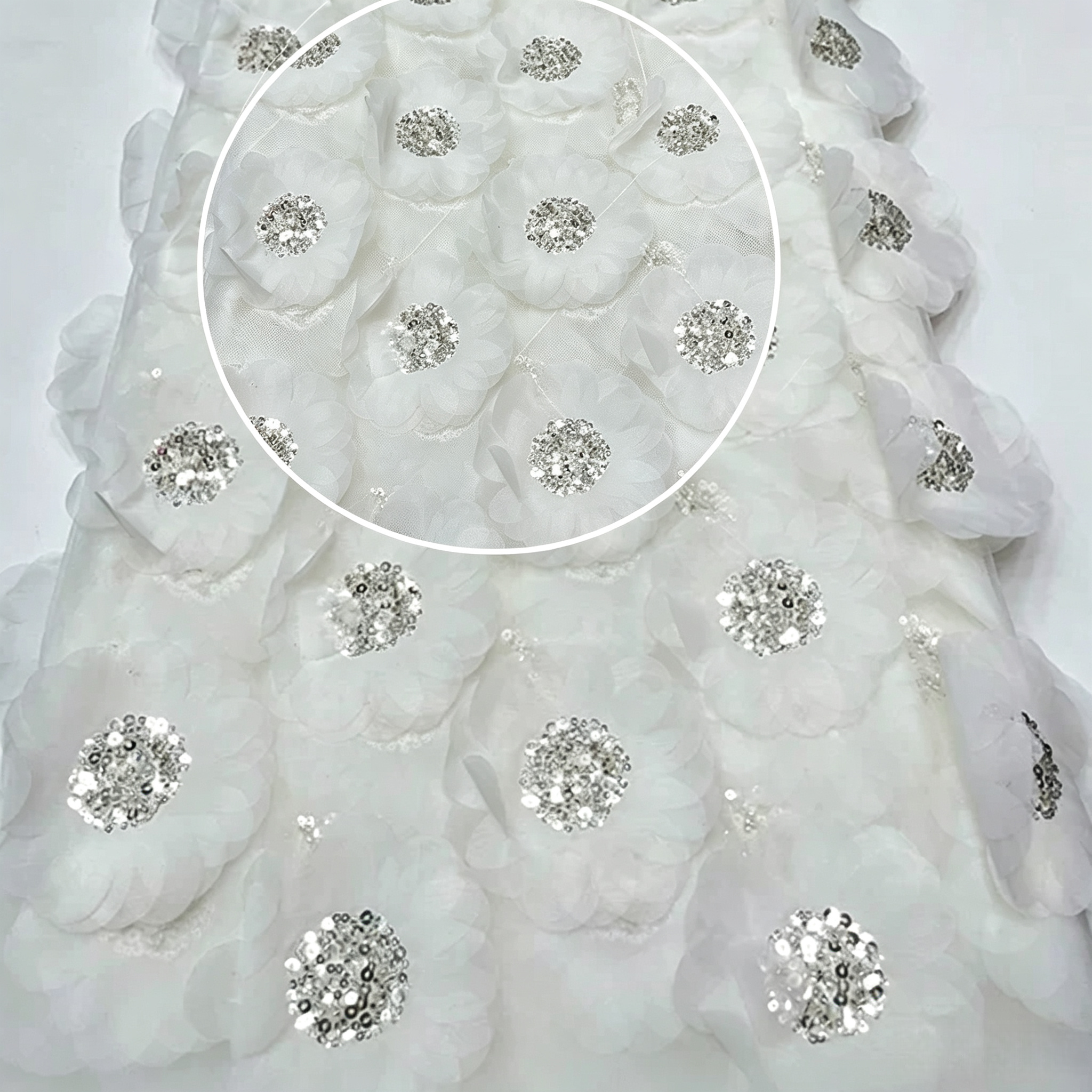 White ivory 3D chiffon flower tulle fabric with crystal silver embellishment