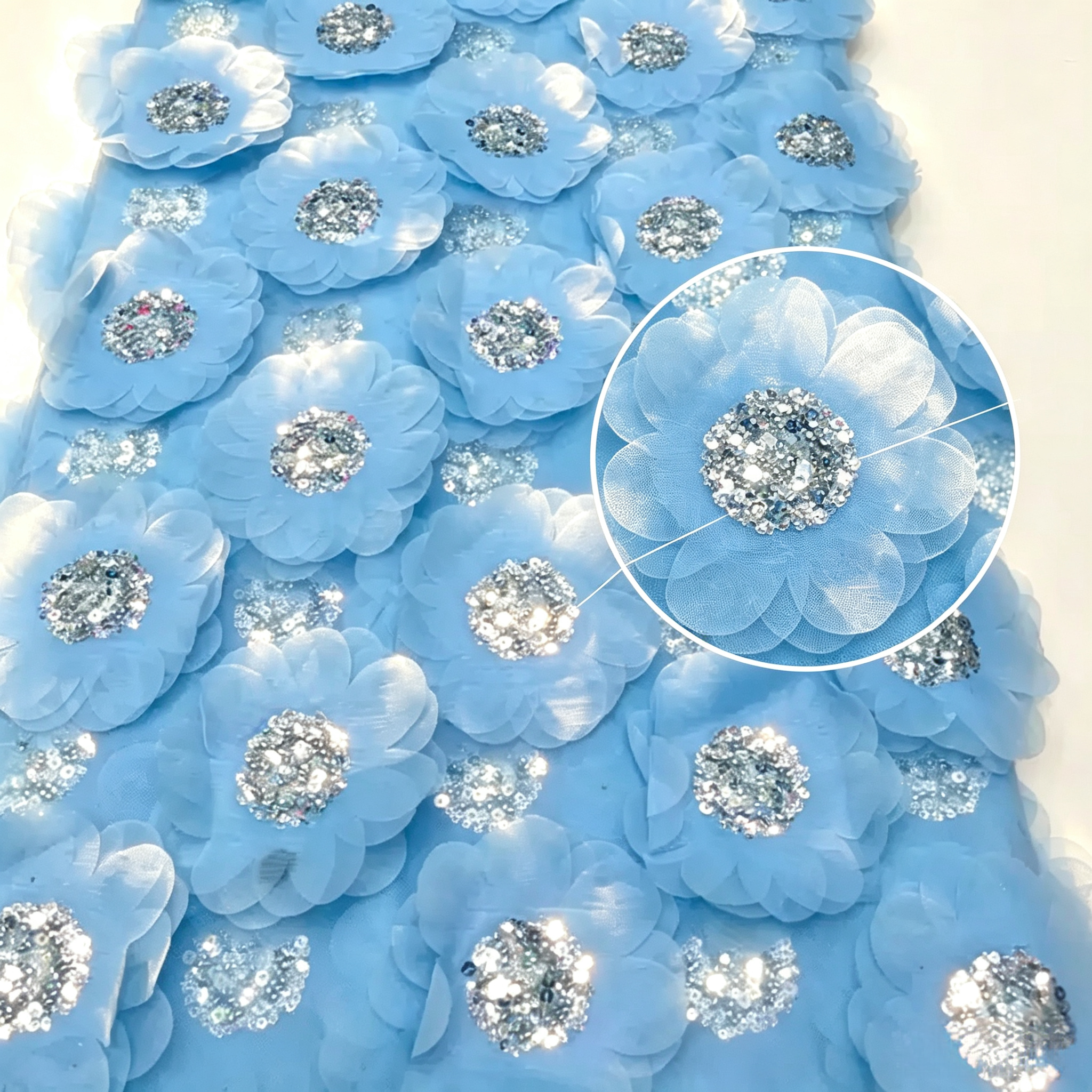 Light blue 3D chiffon flower tulle fabric with silver beads and iridescent sequins